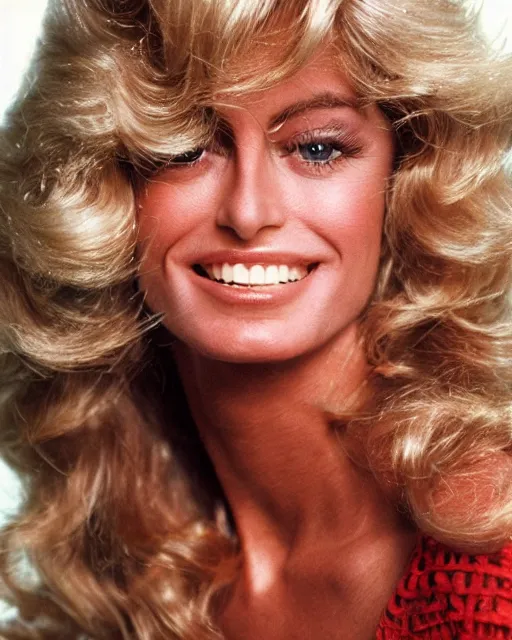 Prompt: 2 8 mm closeup portrait of a beautiful young farrah fawcett with long blonde wind blown hair in a photo studio, 1 9 7 8, rim lighting, glamour pose!!!, hyper realistic, soft lighting,,, hd, octane, arney freytag!!!