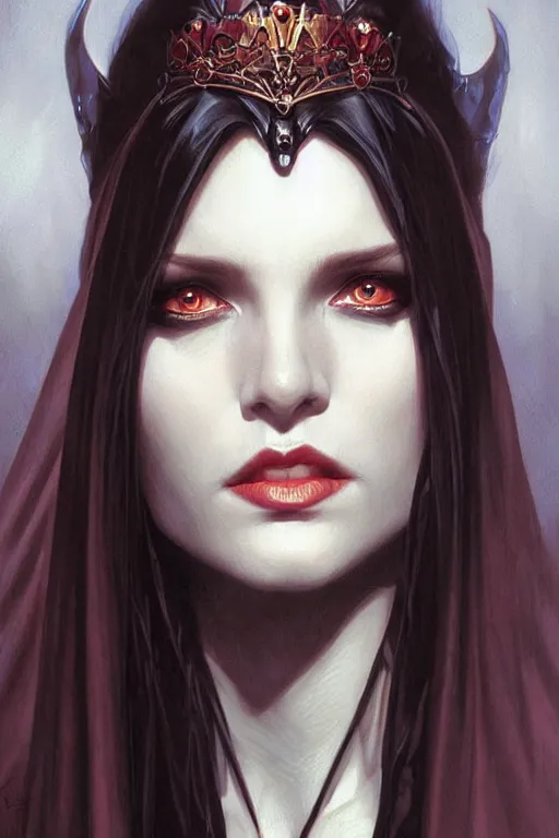 Image similar to portrait of a queen vampire, dark, piercing eyes, gentle expression, elegant clothing, photorealistic, highly detailed, artstation, smooth, sharp focus, art by michael whelan, artgerm, greg rutkowski and alphonse mucha