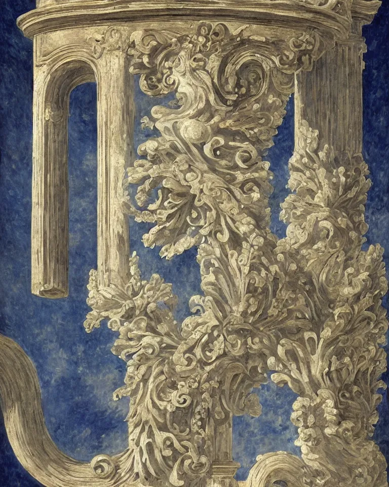 Image similar to achingly beautiful painting of intricate ancient roman corinthian capital on sapphire gemstone background by rene magritte, monet, and turner. giovanni battista piranesi.