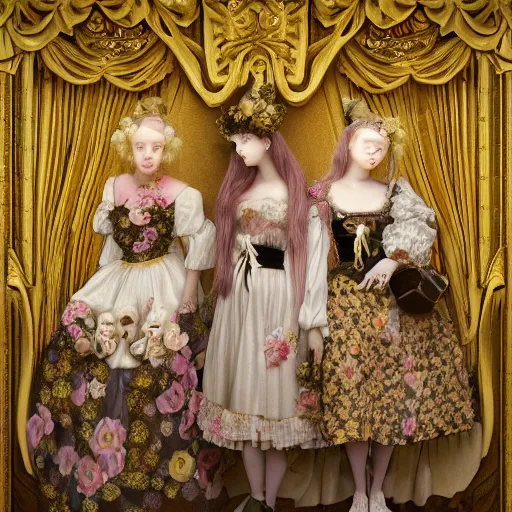 Prompt: 8k, octane render, realism, tonalism, renaissance, rococo, baroque, group of creepy young ladies wearing long flowers and skull dress, harajuku manga, background chaotic gold leaf flowers