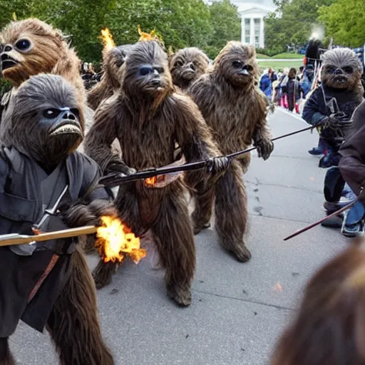 Prompt: a still of hundreds of ewoks rioting in front of a the white house in washington.!!!, flaming torches and pitchforks