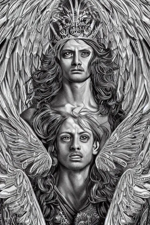 Image similar to a Chihuahua as god with a radiant halo and wings, detailed face, gorgeous, flowing hair, very muscular male body, partial anatomy, stormy and grand war scene, delicate and intricate borders for decoration, caesar victorious, proud Emperor, split lighting, character close-up, intricate, highly detailed, 8K, digital painting, fantasy, concept art, sharp focus, art by greg rutkowski beeple and alphonse mucha