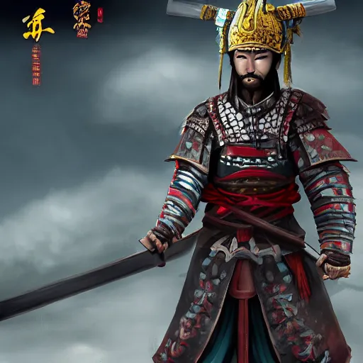 Prompt: ancient ntricate oil game character design of a chinese anicientwarrior in clothes with a broadsword, down hard, dark cloud and lightning on the grounddramatic lighting, cg, whole body, extremely detailed, 8 k, sophisticated