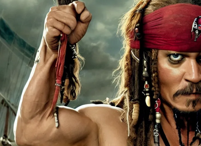 Prompt: film still of john cena as captain jack sparrow in the new pirates of the carribean movie, 4 k