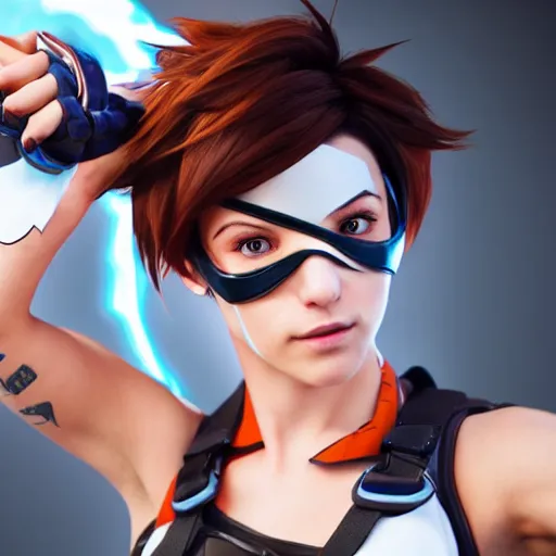 Prompt: tracer from overwatch as human photograph, close - up, detailed, publicity
