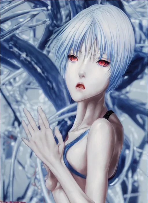 Image similar to Rei Ayanami by Yoshitaka Amano, 4k, hyper detailed, hyperrealism