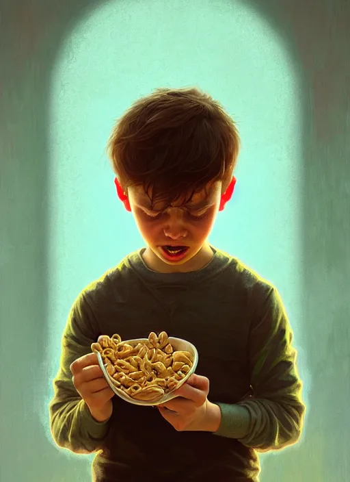 Image similar to moody portrait of a young boy sobbing uncontrollably because he has no more cereal in his bowl, tragedy, path traced, environment, highly detailed, high quality, digital painting, alena aenami, lilia alvarado, shinji aramaki, karol bak, alphonse mucha, tom bagshaw