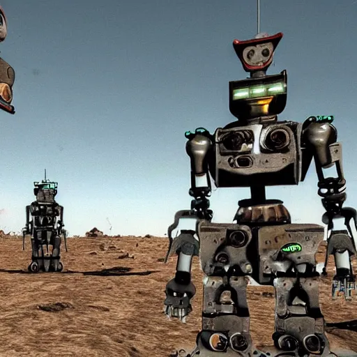 Prompt: robot death machines from the wasteland video game of it were made today instead of the 1980s