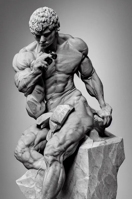 Prompt: marble sculpture of man in Adidas winter jacket, sportswear holding a marble vodka bottle, intricate sculpture, chiseled muscles, godlike, museum photo