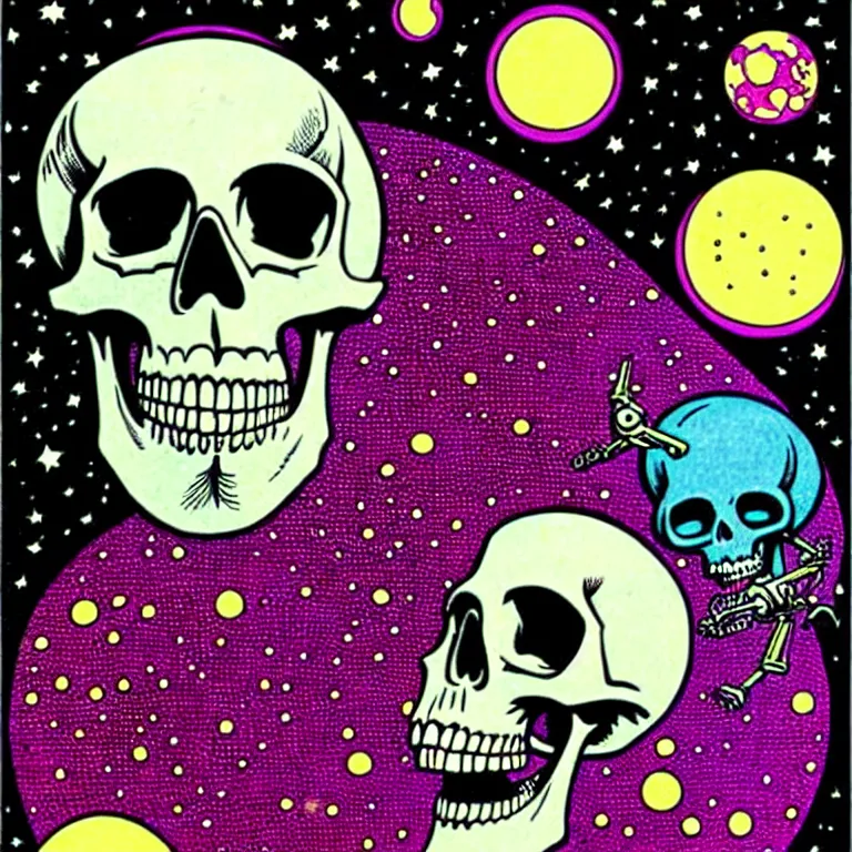 Image similar to by paul kirchner. skull in space. psychedelic.