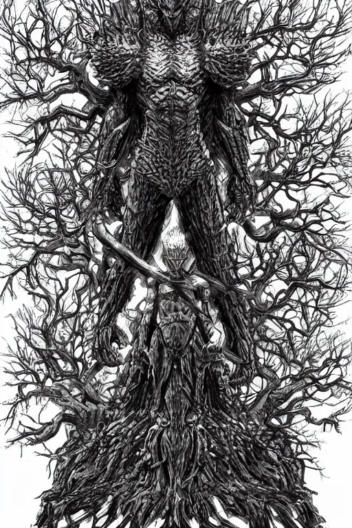 Image similar to armoured tree human figure monster, symmetrical, highly detailed, digital art, tree armour, sharp focus, trending on art station, kentaro miura manga art style