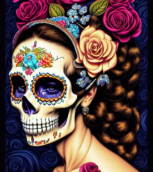 Prompt: a gorgeous fancy skull lady by dan mumford and gil elvgren, sugar skull, hyperrealism, intricate details, exceptional beauty, fool, high contrast, high fashion