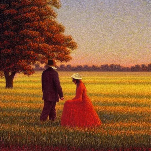Prompt: neoclassicism by quint buchholz, by armand guillaumin defined. a beautiful computer art of a man & a woman in a field of tall grass with the sun setting behind them