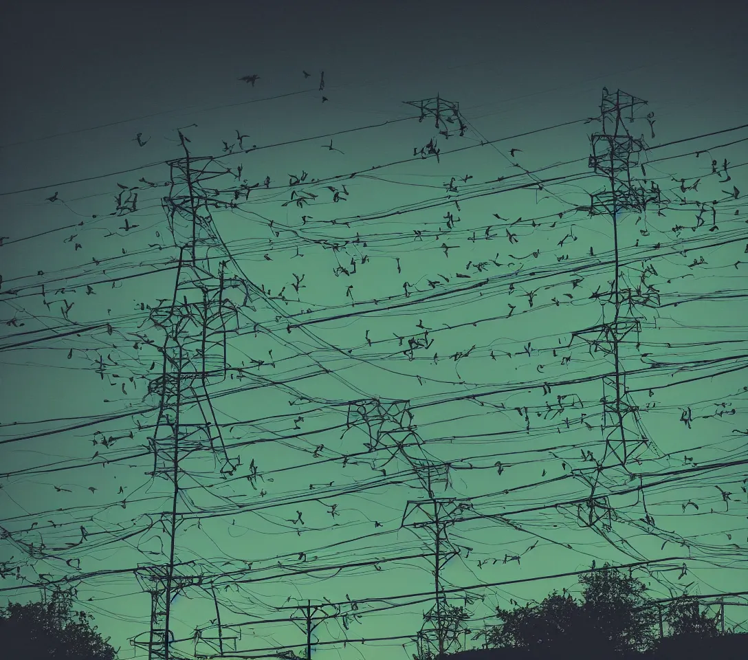 Image similar to a 3 5 mm photography of a lot of green parrots on the power lines glowing and reflecting green light from the flash of the camera at night