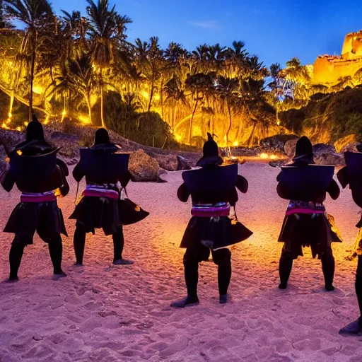 Image similar to A group of armoured Spanish conquistadors holding lanterns on a sandy beach Cove in middle of a magical forest in a dark night. Inca ruins in the background. Pale crescent moon in the sky. Award winning photography