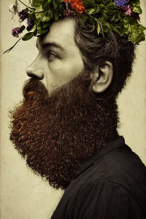 Image similar to a man's face in profile, with a long beard made of flowers, in the style of the Dutch masters and Gregory crewdson, dark and moody