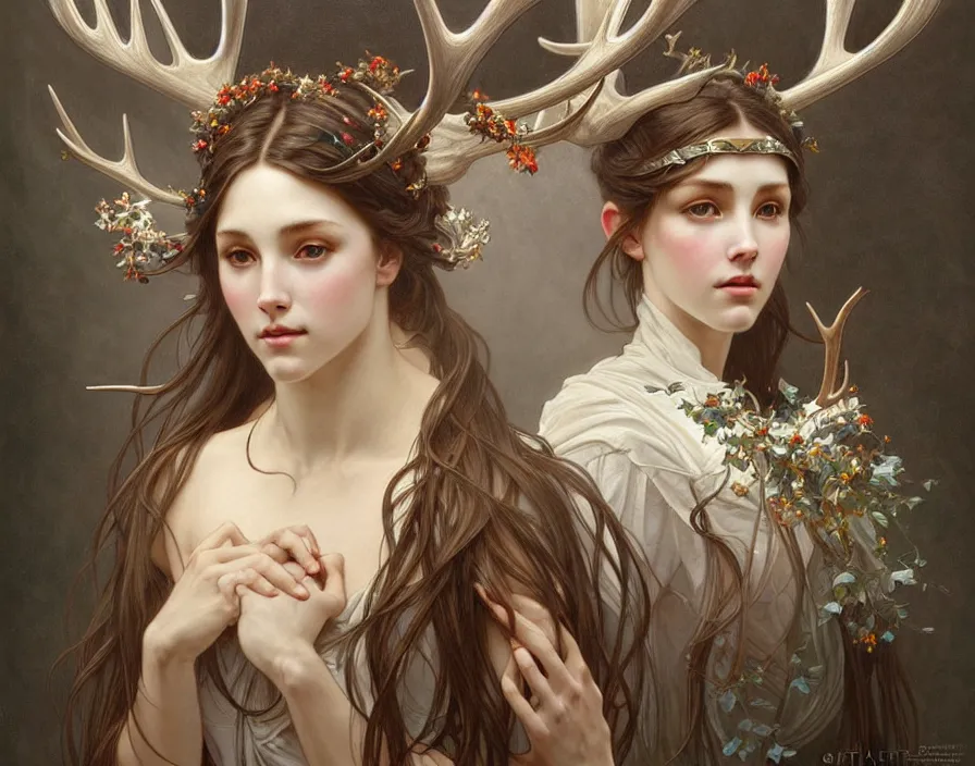 Image similar to a beautiful and very detailed painting of great ethereal moose with silver antlers by artgerm and greg rutkowski and alphonse mucha, 8 k