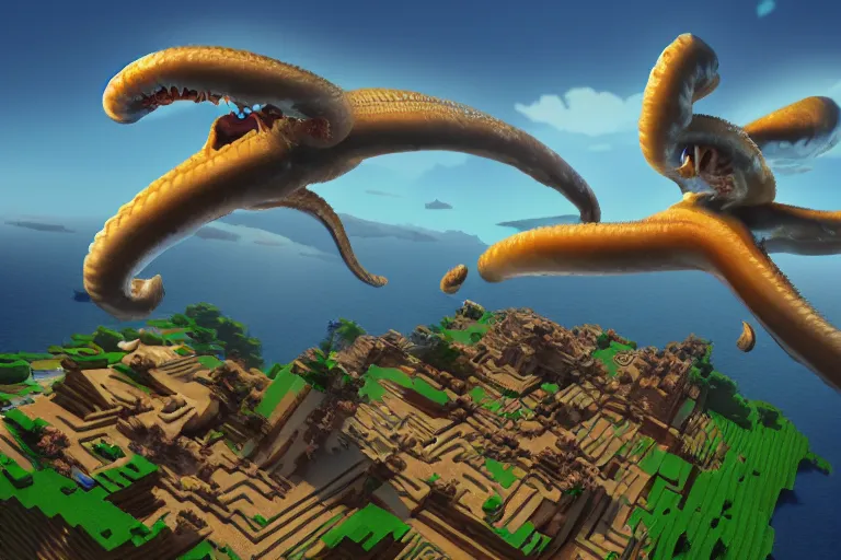 Image similar to giant squids battling in the sky, minecraft, digital art, artstation, highly detailed, 4 k