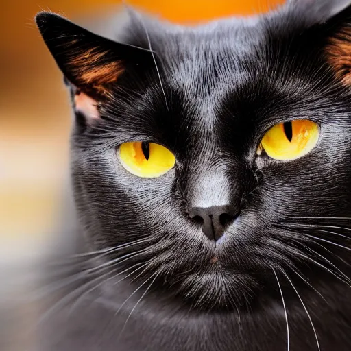 a picture of an angry black fuzzy cat with yellow