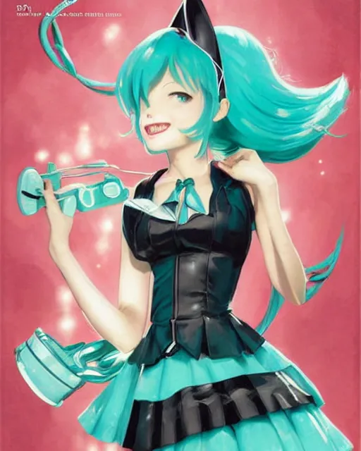 Prompt: Hatsune Miku post card by Gil Elvgren and Daniela Uhlig