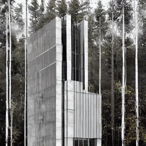 Prompt: a giant brutalist building in the forest in russia, building facing, reflections, symmetry, highly detailed, golden ratio, black and white color scheme, etching render