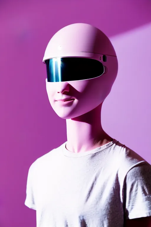 Image similar to a high definition film photograph of a normal androgynous robot human wearing a plain white t - shirt, in a pastel pink room. happy. visor covering eyes. chrome. crushed shadows.