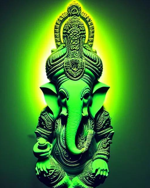 Prompt: 3 d ornate carved ganesha with profile portrait, sigma 5 0 0 mm f / 5. beautiful intricate highly detailed quetzalcoatl skull. neon green glow bioluminescent, plasma, lava, ice, creature, thunderstorm! artwork by tooth wu and wlop and beeple and greg rutkowski, 8 k trending on artstation