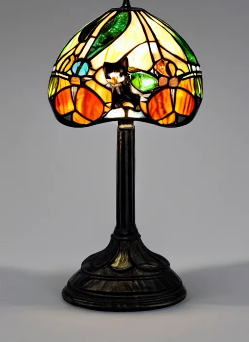 Image similar to a lamp in the shape of a cat with black accents designed by louis comfort tiffany