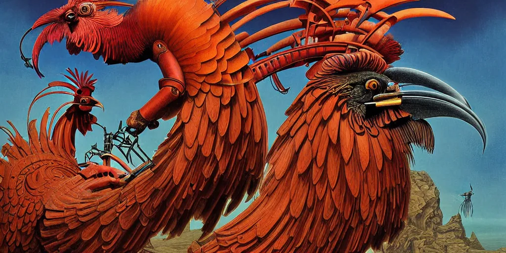 Prompt: digital painting of two mechanical roosters fighting, by wayne barlowe and bob pepper and karl wilhelm de hamilton, dieselpunk, steampunk, highly detailed, intricate, sharp focus, portrait, talons, anatomy, beak, wings