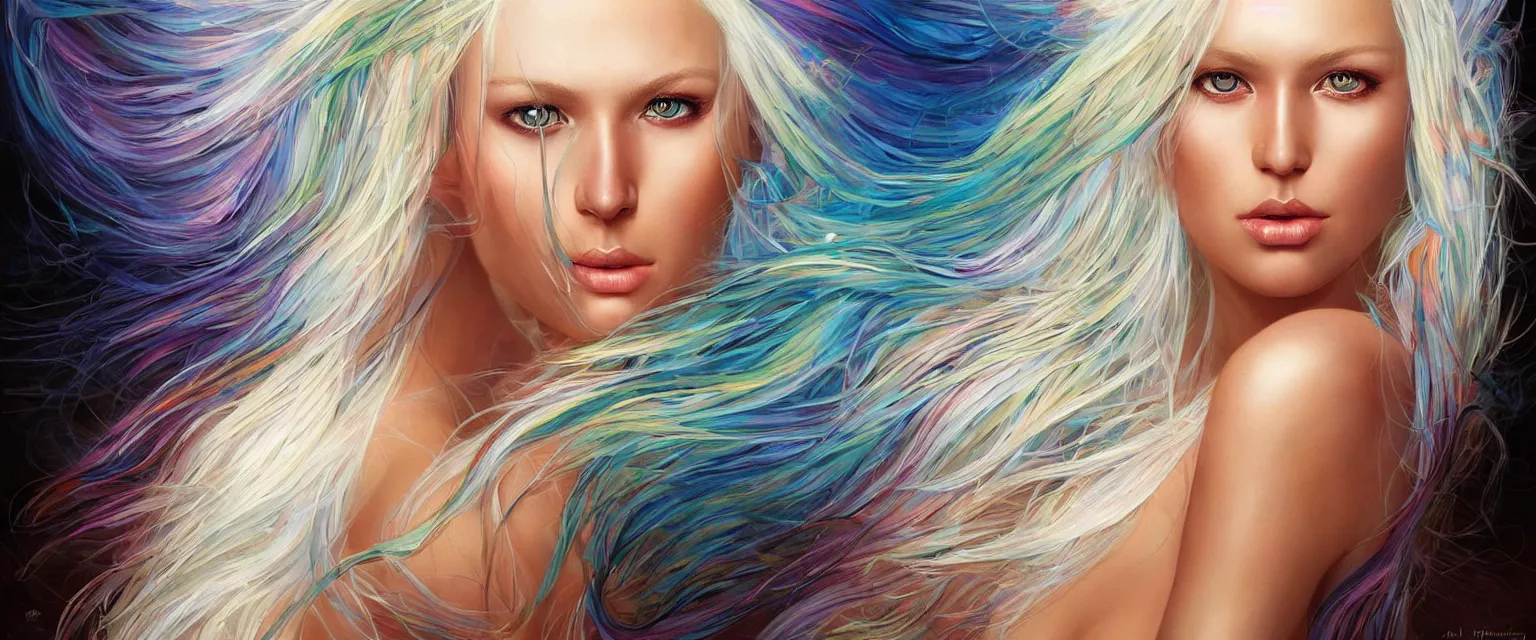 Prompt: a highly detailed symmetrical full body painting of a rainbow colored skinned beautiful woman with pure white hair flowing in dynamic lighting, ambient lighting, deviantart, art by artgerm and karol bak and mark brooks h