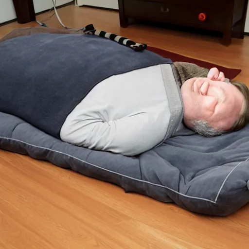 Image similar to gabe newell sleeping on futon on floor, realistic
