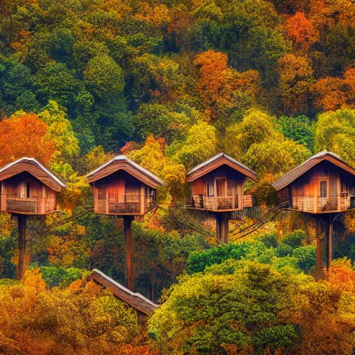 Prompt: a village full of tree houses nestled in a forest, modern architecture, golden hour, autumn leaves, realistic high quality art digital art