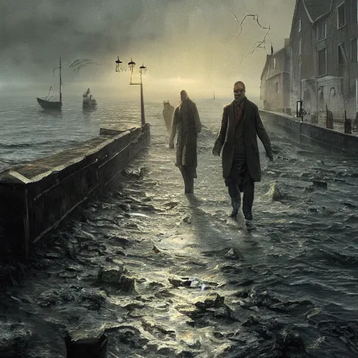 Image similar to shadow over innsmouth, people walking out of the water, painted by seb mckinnon, high detail, dramatic light, digital art, painted by greg rutkowski, promotional movie posterart, trending on artstation