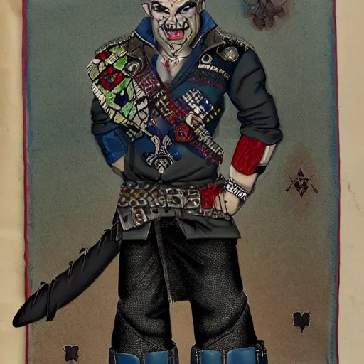 Image similar to a middle aged half - orc wearing a patchwork military uniform jacket with cut sleeves and many charms and baubles worked into the fabric, with an upturned collar. his arms bear rune tattoos, thin fangs show through his lower jaw with a bemused smile. blue grey intelligent eyes. 1 9 th century style