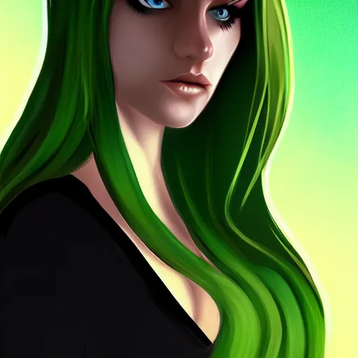 Image similar to long shot of blonde girl in black top, and with green eyes, digital art, trending on artstation