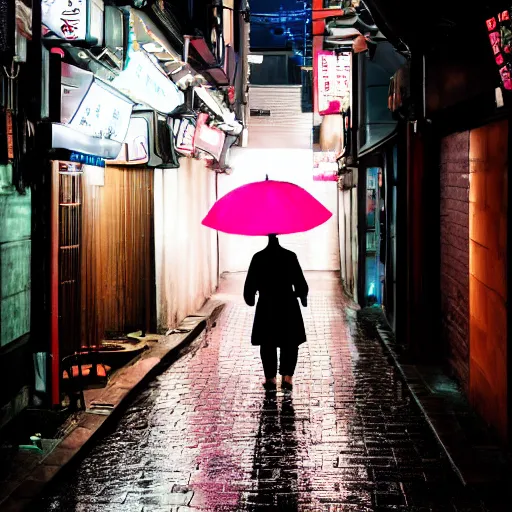 Prompt: a dimly lit back alley in seoul korea, 3 5 mm highly detailed dslr photograph, low key, muted colors, nighttime, rain soaked street, single person silhouette carrying a pink umbrella, lit by a single streetlight, shops and restaurants