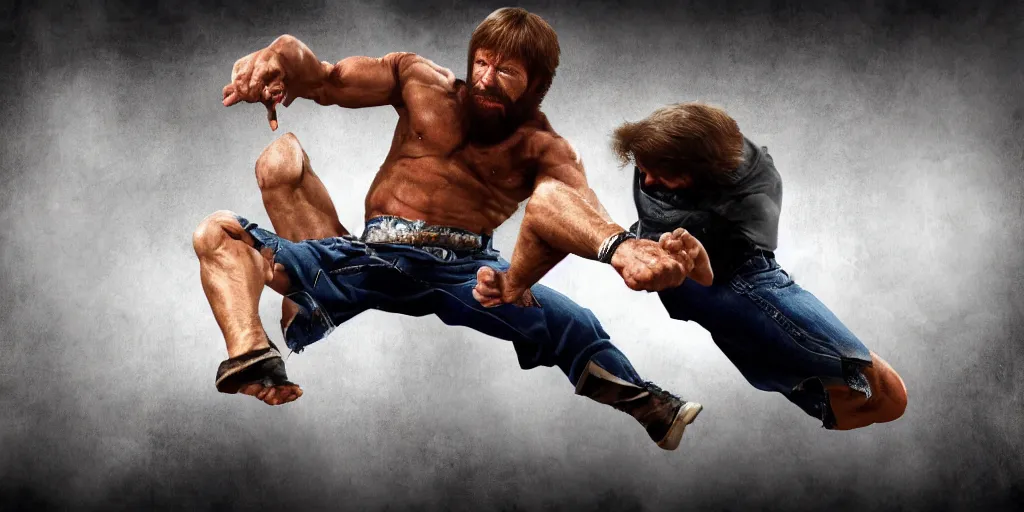 Prompt: highly detailed photo of chuck norris doing a roundhouse kick, digital painting, trending on artstation, high resolution, transparent background