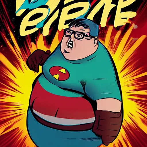 Prompt: A fat nerd as a comic book hero fighting off evil,, 4k, comic book cover