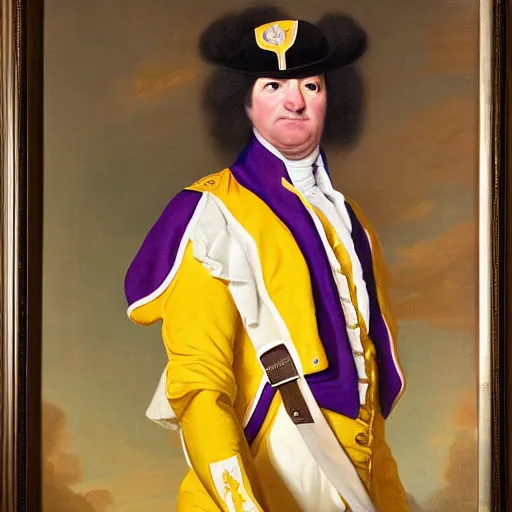 Image similar to official portrait of the los angeles lakers dictator, 1 7 8 0, in full lakers military garb. oil on canvas by william sidney mount, oil on canvas, octane render