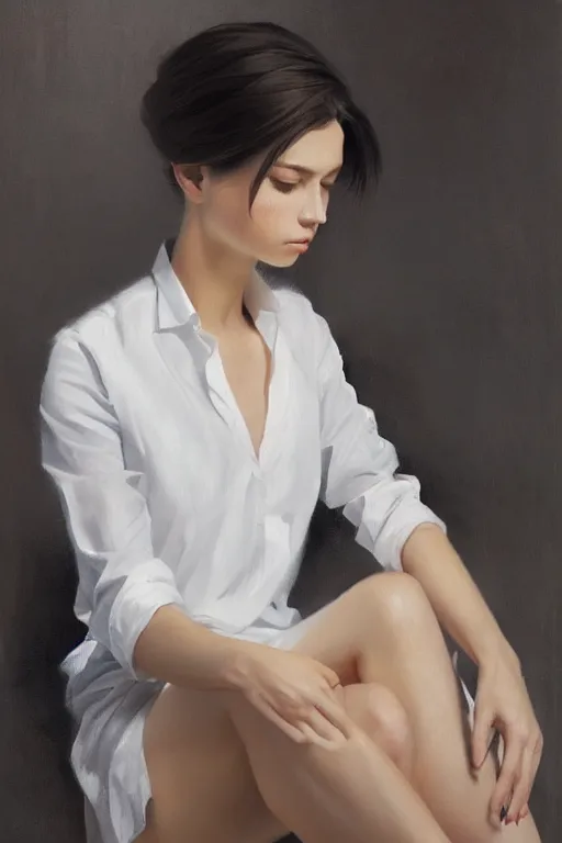 Prompt: a ultradetailed beautiful portrait panting of a stylish woman sitting in a bath, she is wearing a white shirt with a tie, oil painting, by ilya kuvshinov, greg rutkowski and makoto shinkai