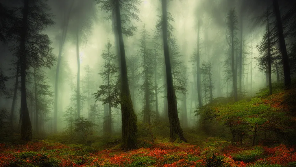 Image similar to amazing landscape photo of a forest by marc adamus, beautiful dramatic lighting