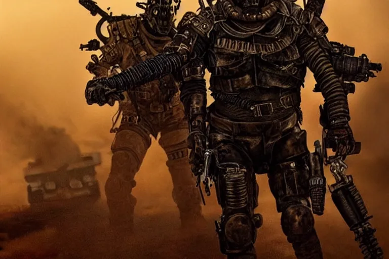 Image similar to a fursona ( from the furry fandom ), heavily armed and armored facing down armageddon in a dark and gritty version from the makers of mad max : fury road.