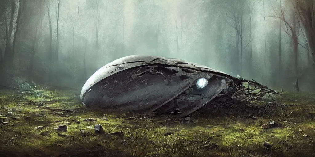 Prompt: abandoned crashed ufo in the forest, night, concept art, art station landscape, cinematic lighting hyper realistic painting, dark atmosphere