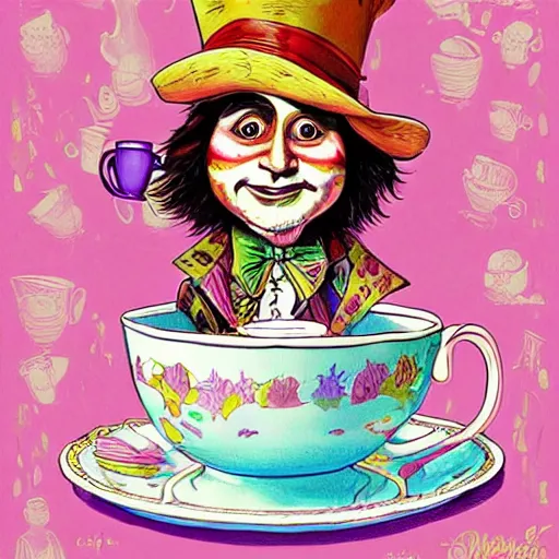 Prompt: whimsical pixar Johnny Depp drinking tea in alice in wonderland Willy Wonka's Chocolate Factory, Illustration, Colorful, insanely detailed and intricate, super detailed, by Lulu Chen