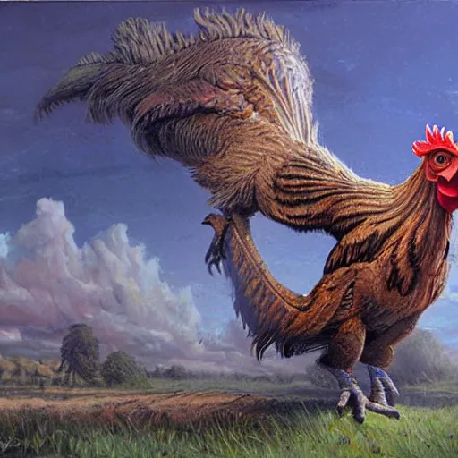 Image similar to a chicken dinosaur , artwork by James Gurney