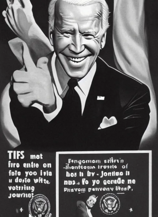 Prompt: first person perspective of joe biden staring directly at you ominously with a big scary smile, 1940s scare tactic propaganda art