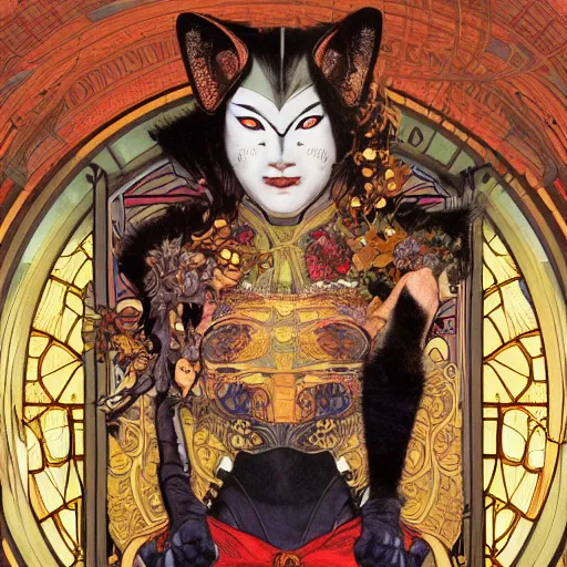 Prompt: cat superhero with kabuki mask, gorgeous, beautiful, intricate, highly detailed, digital painting, artstation, oppressive lighting, concept art, sharp focus, illustration, art by donato giancola and alphonse mucha, background by James Jean and gustav klimt, 4k, volumetric lighting, french nouveau