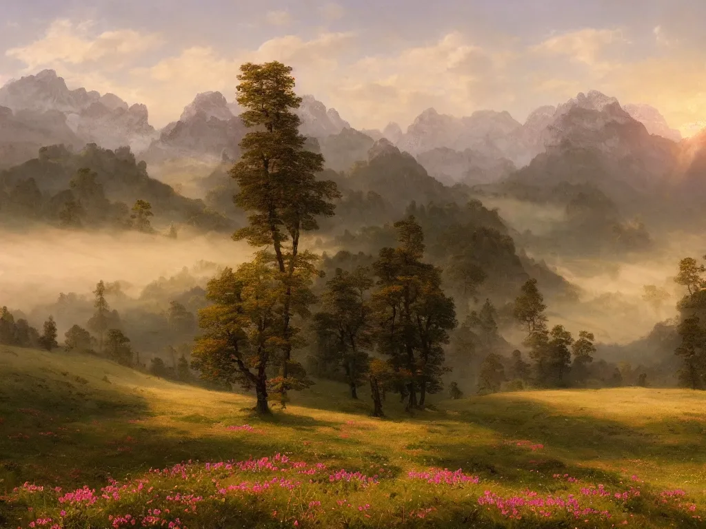 Prompt: epic landscape with rolling hills, groups of old trees with flower meadows in between in early morning light, small pink clouds in the sky and and misty mountains with snowy tops in the far background by alexandre calame and bob ross, godrays, velvia 5 0, large format camera, artstation, vray render