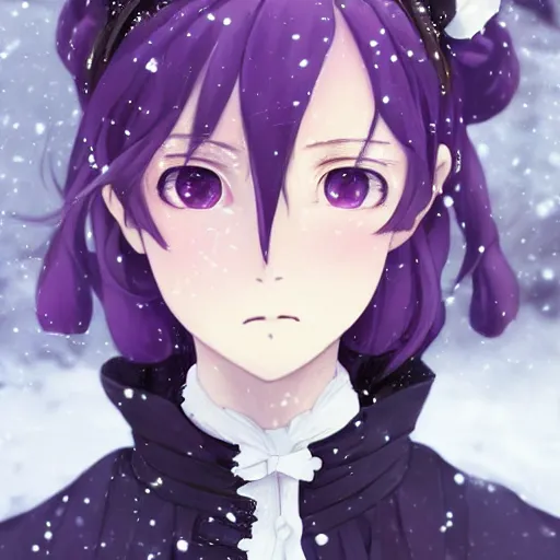 Image similar to wearing full clothing in full clothing victorian dress, beautiful anime woman, purple hair, red eyes, weapon, steampunk, symmetrical face, symmetrical eyes, full round face, short smile, detailed, winter setting, cinematic lighting, medium shot, mid - shot, makoto shinkai, artgerm, ilya kuvshinov, loish