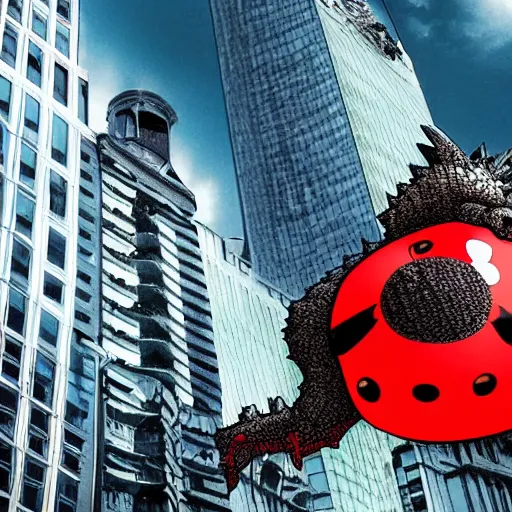 Image similar to godzilla sized ladybug in a city